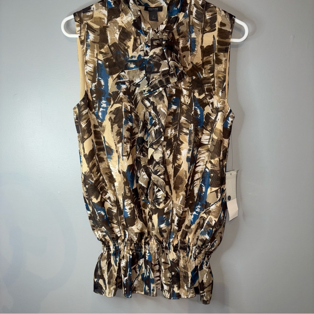 Kenneth Cole NWT Unique Sleeveless Print Button Blouse Brown Blue Tie-Neck Sz 4